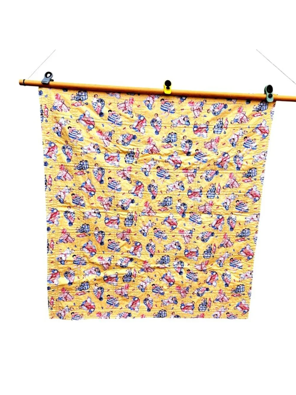 Vintage Baby Quilt Girl Pink Yellow Cotton Machine Embroidery 42x39